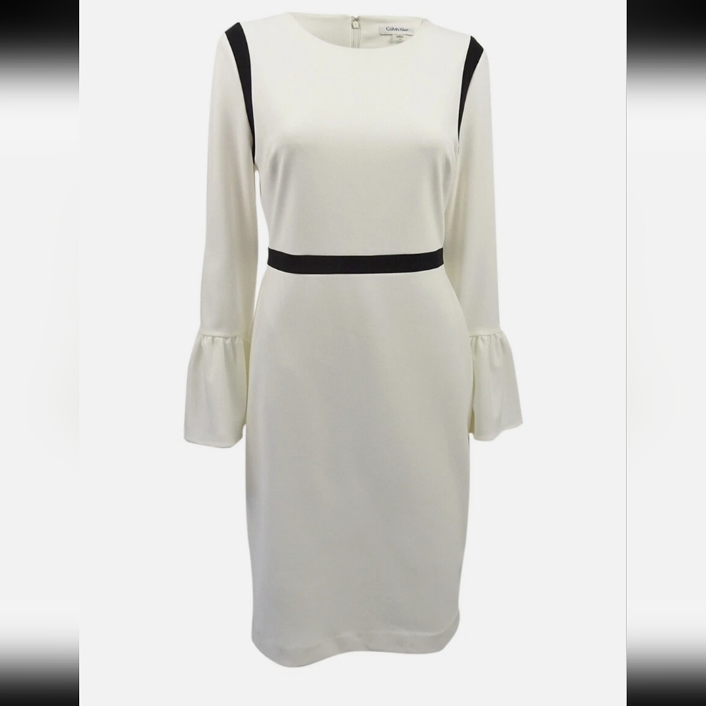 EUC - Calvin Klein White and Black Bell-Sleeve Sheath Dress.